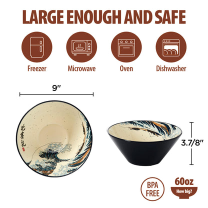 BICETTO Japanese Ramen Bowl Set with Great Wave Design - 60oz Large Ceramic Bowls, Spoons, Chopsticks for Ramen, Pho, Salad, Poke - Premium Gift for Ramen Lovers - Microwave & Dishwasher Safe