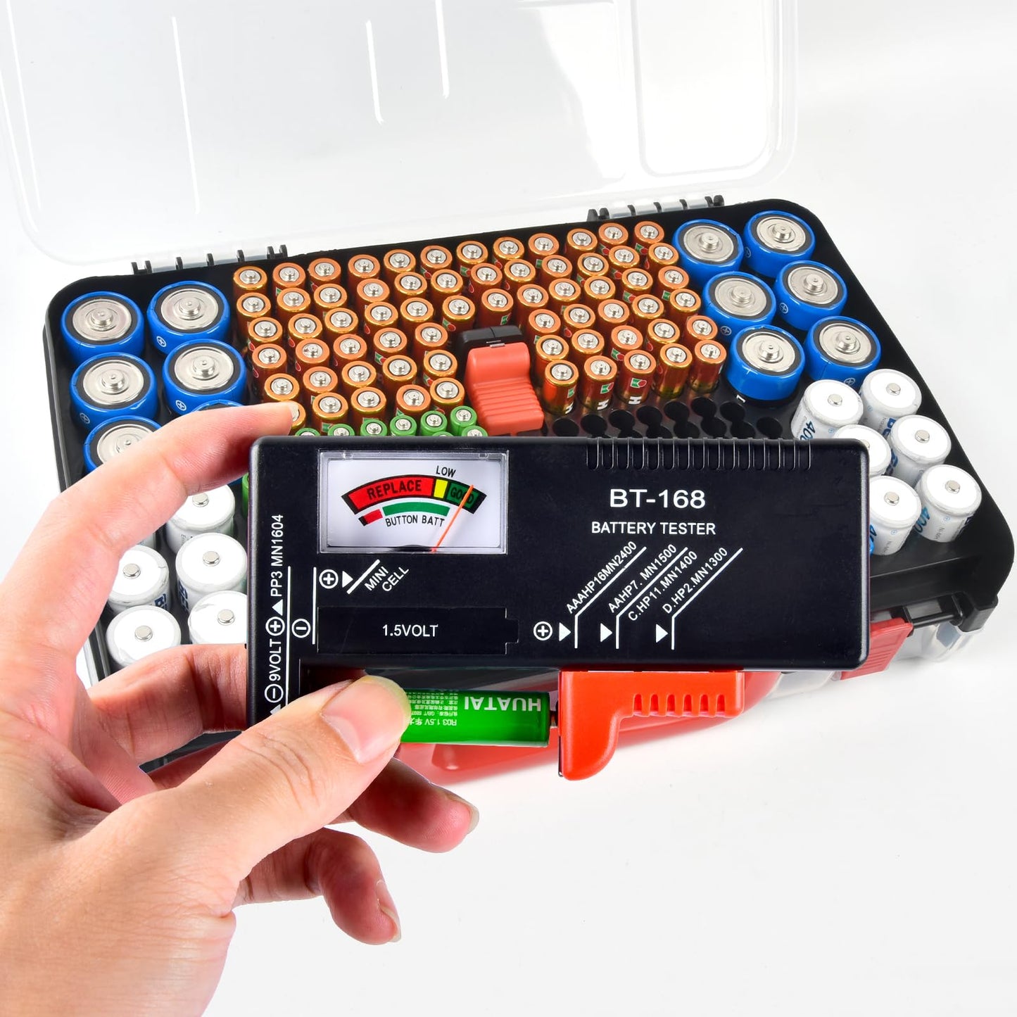 Battery Storage Organizer Case Holder Box with Tester, Double-Sided Batteries Fits for 269 Caddy Container AA AAA AAAA 3A 4A 9V C D Lithium 23A 4LR44 CR123A CR1632 CR2032 - Black