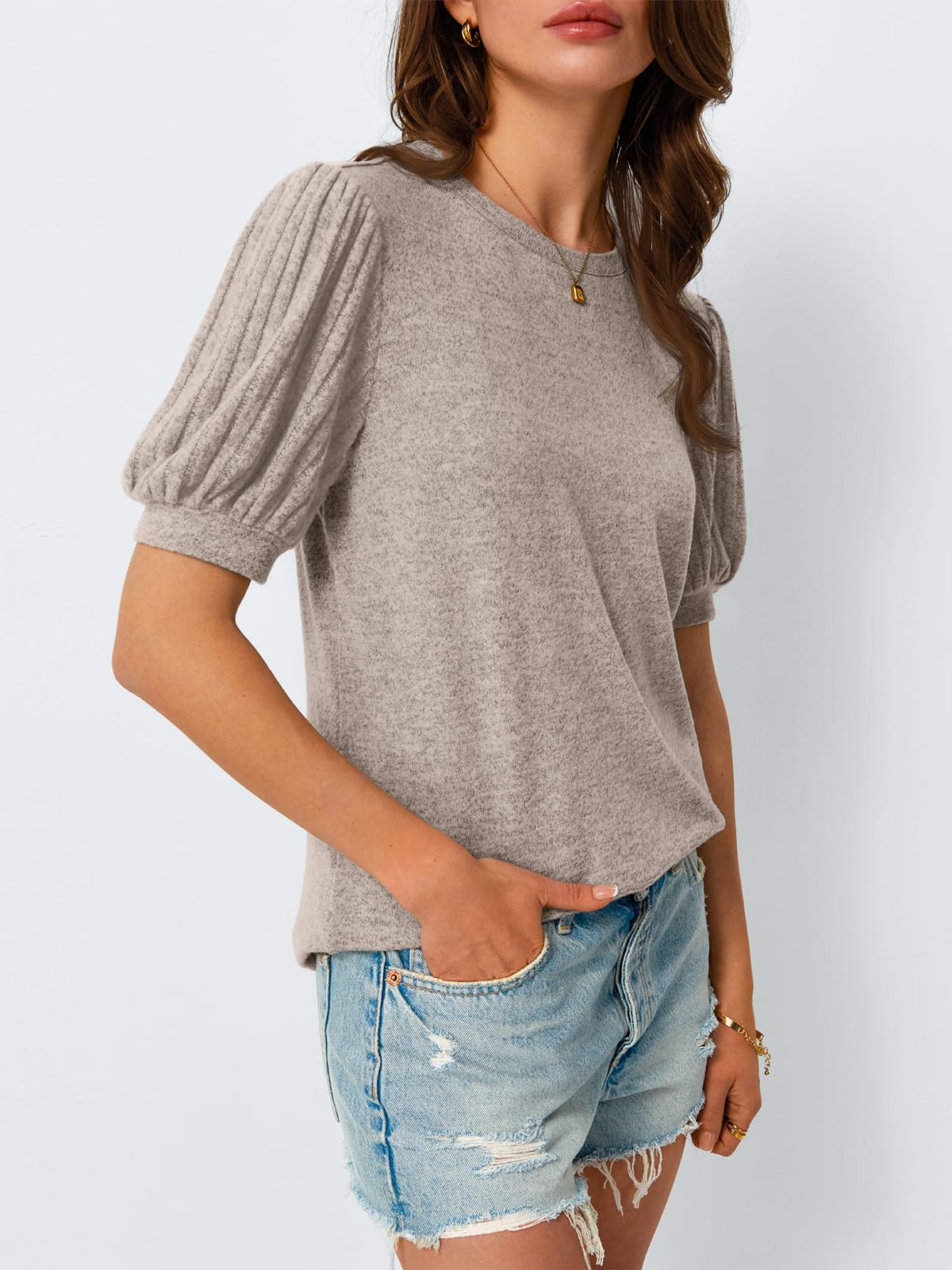 AUTOMET Womens Summer Tops Dressy Casual Blouses Business Short Sleeve Shirt 2025 Cute Trendy Sweater Khaki M