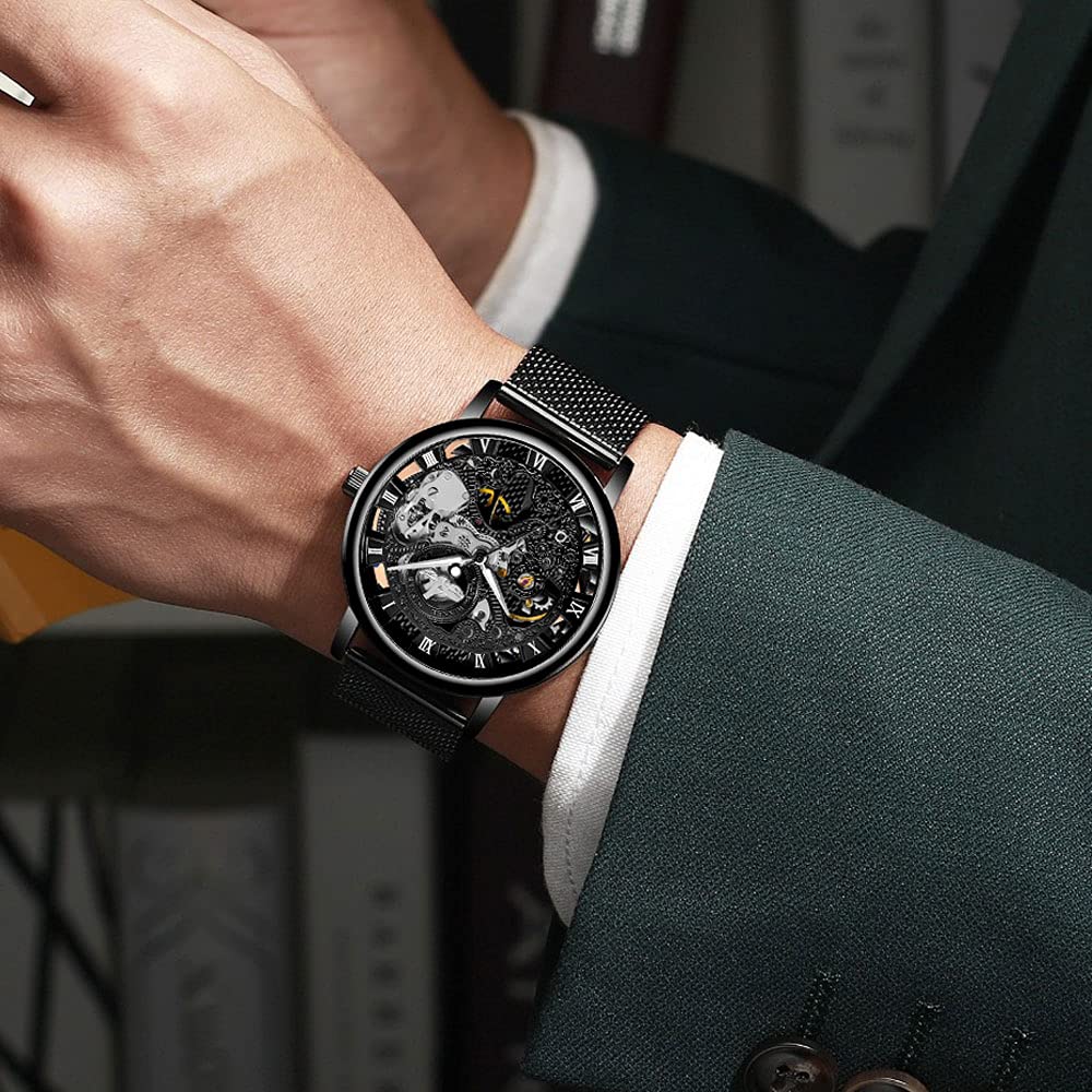 Whodoit Men's Mesh Strap Mechanical Skeleton Watch