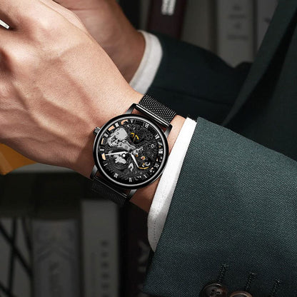 Whodoit Men's Mesh Strap Mechanical Skeleton Watch