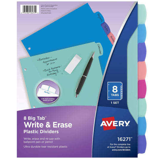 Avery Write & Erase Dividers for 3 Ring Binders, 8 Tabs per Set, Multicolor Big Tabs, Pastels, Binder Dividers Great for Organizing Reports, Projects, and More (16271)