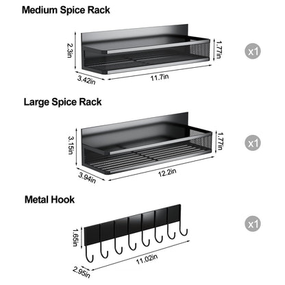Aufworld Magnetic Spice Rack for Refrigerator, 3 Pack Magnetic Shelf, Moveable Fridge Organizer with 8-Hook Rack, Seasoning Organizer for Kitchen