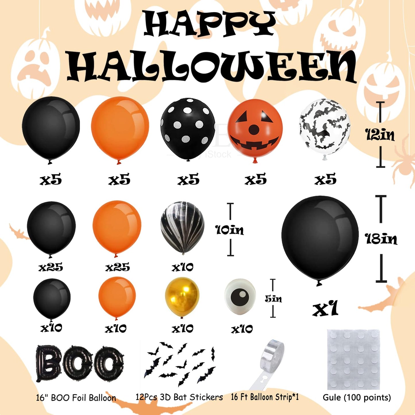 AobkDeco 141 PCS Halloween Balloons Arch kit Black Orange Gold Eyes Balloons Halloween Balloon with BOO Balloons,3D PVC Bats and Marble Agate for halloween Theme Party Supplies Haunted House Parties