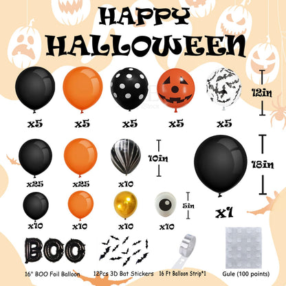 AobkDeco 141 PCS Halloween Balloons Arch kit Black Orange Gold Eyes Balloons Halloween Balloon with BOO Balloons,3D PVC Bats and Marble Agate for halloween Theme Party Supplies Haunted House Parties