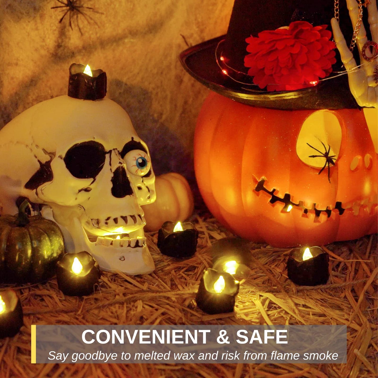 Homemory 24-Pack Melting Black Candles Battery Operated Tea Lights, Halloween Flameless Flickering Candles, Ideal for Holiday Decor, Theme Party, 1.58" Dia X 1.2''H, Warm White Glow