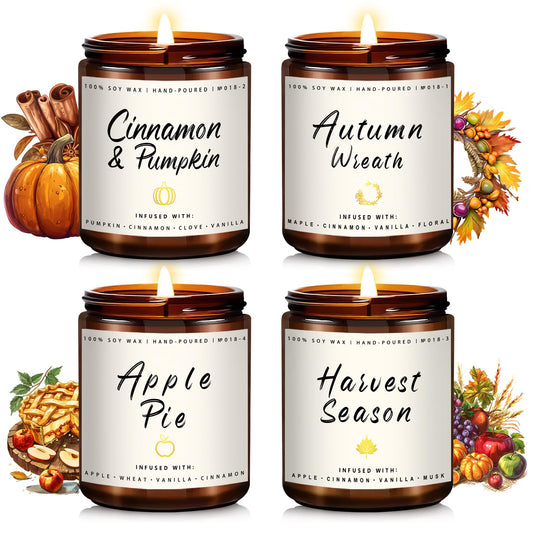 Auelife Fall Candle Set | 4 Pack Scented Candles for Home - Candle Gifts for Women Men, Soy Candles Home Scented | Autumn Fragrance of - Apple Pie/Cinnamon/Harvest/Wreath
