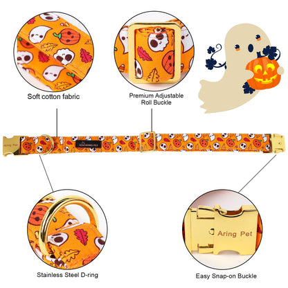 ARING PET Halloween Dog Collar with Bow, Cute Orange Ghost Pumpkin Pets Necklace Detachable Bow Tie Collars for Puppy Small Medium Large Girl Boy Dogs-XS