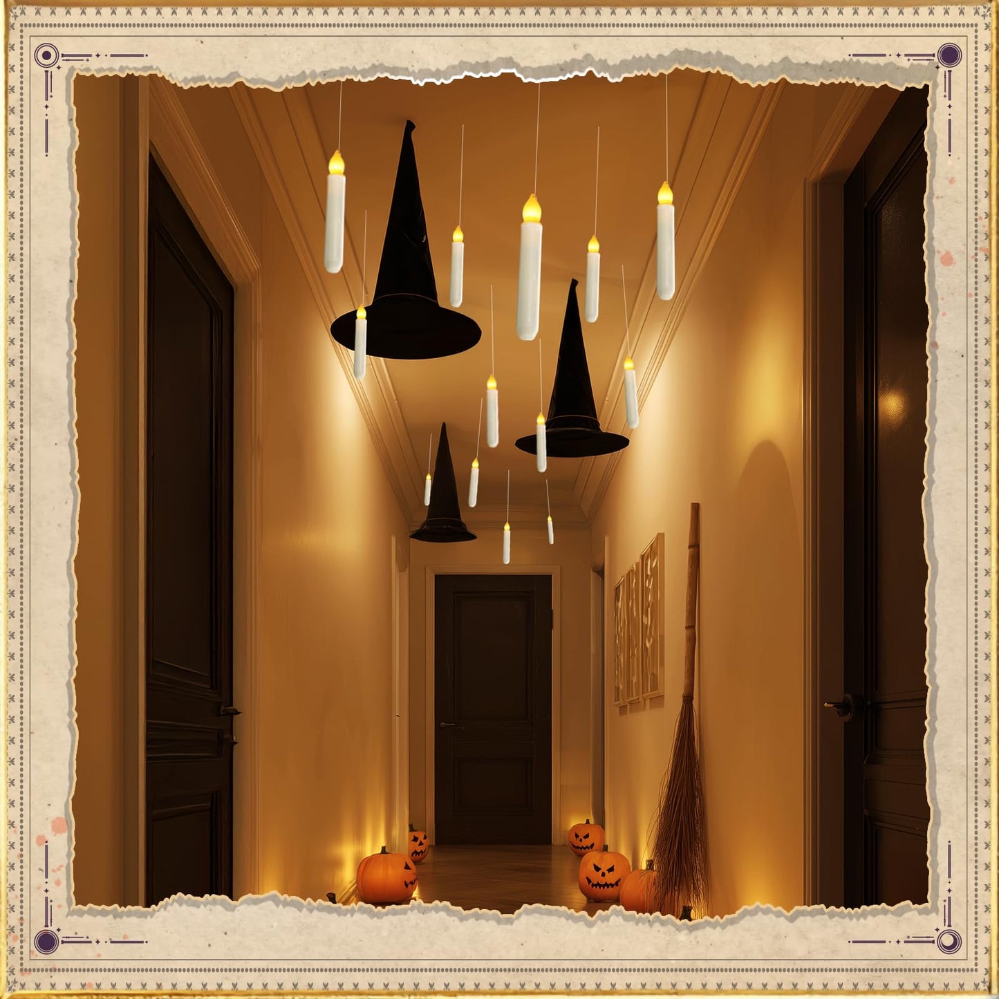 Homemory Floating Candle with Wand Remote, 12 Pcs Magical Candlesticks Witch Decors, Warm Yellow Flameless Taper Candles Battery Operated, LED Window Candle for Halloween Party Decor