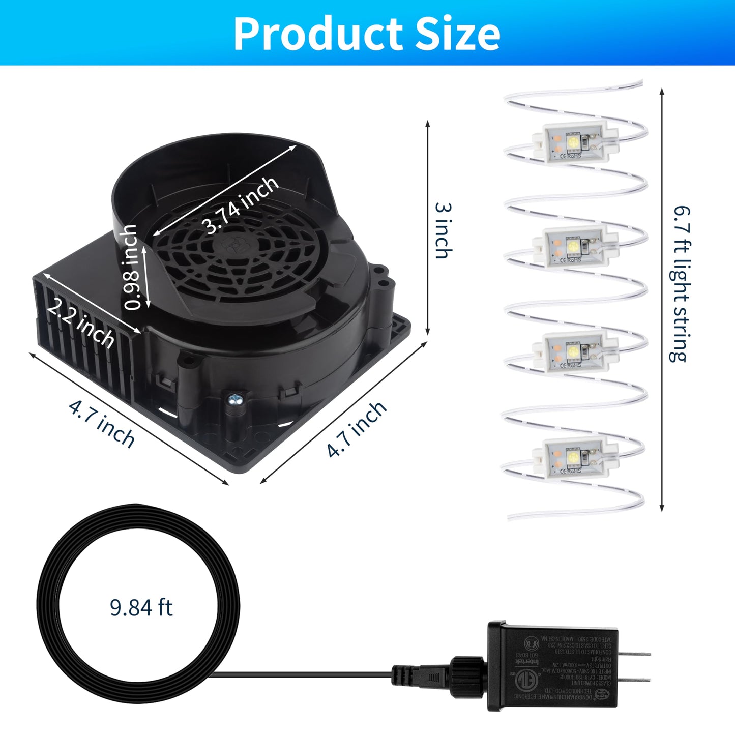 Inflatable Replacement Fan Blower, Mini Air Blower with 4 LED Light,3100(r/min) Waterproof Fan Blower Motor for 3-9FT Halloween Christmas Easter Yard Inflatable Decorations