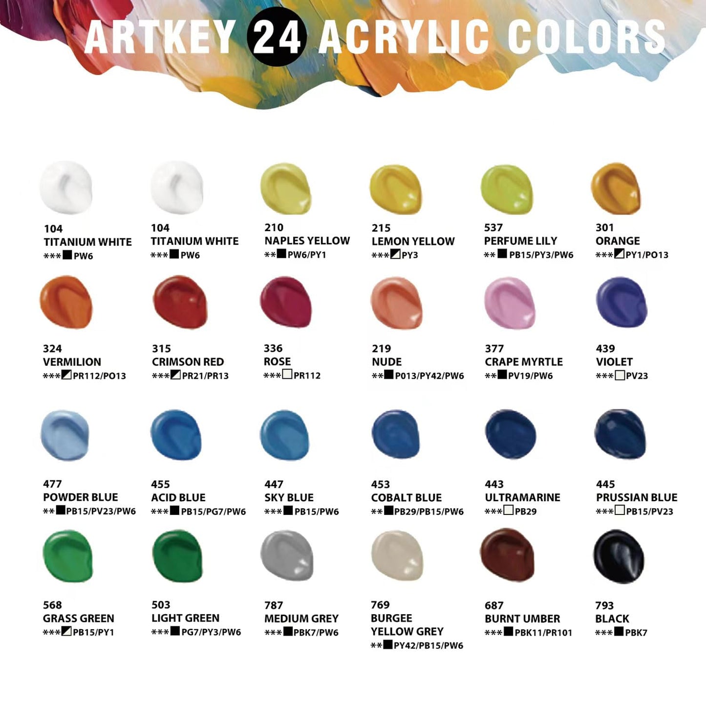 Artkey Acrylic Paint Set - 24 colors 2 oz/59 ml Acrylic Paints Professional Artists Painting Kit for Canvases Fabric Rock Leather Easter Egg Wood Ceramic Glass Art Craft Painting