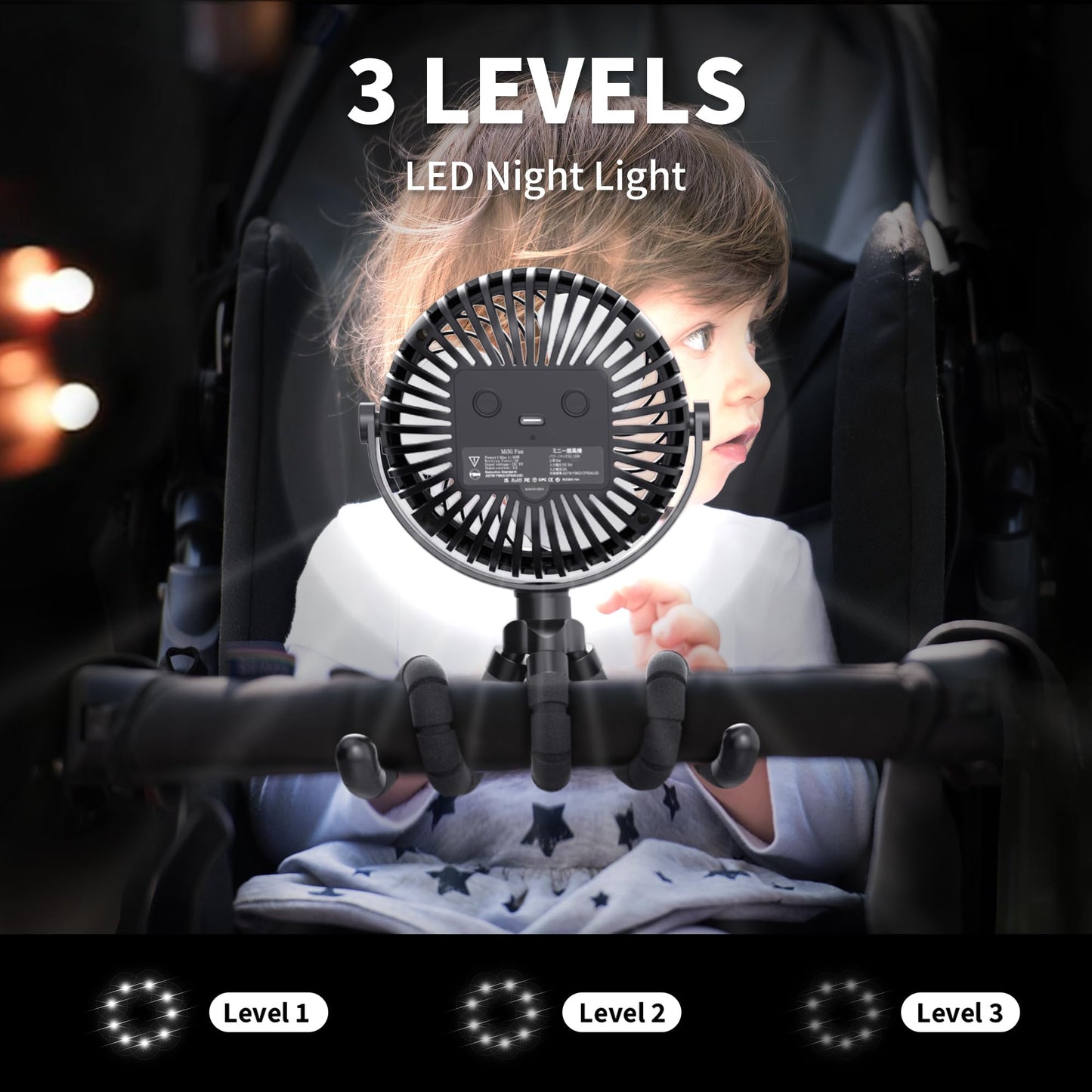 AMACOOL Battery Operated Stroller Fan Flexible Tripod Clip On Fan with 3 Speeds and Rotatable Handheld Personal Fans for Car Seat Crib Bike Treadmill (Black)