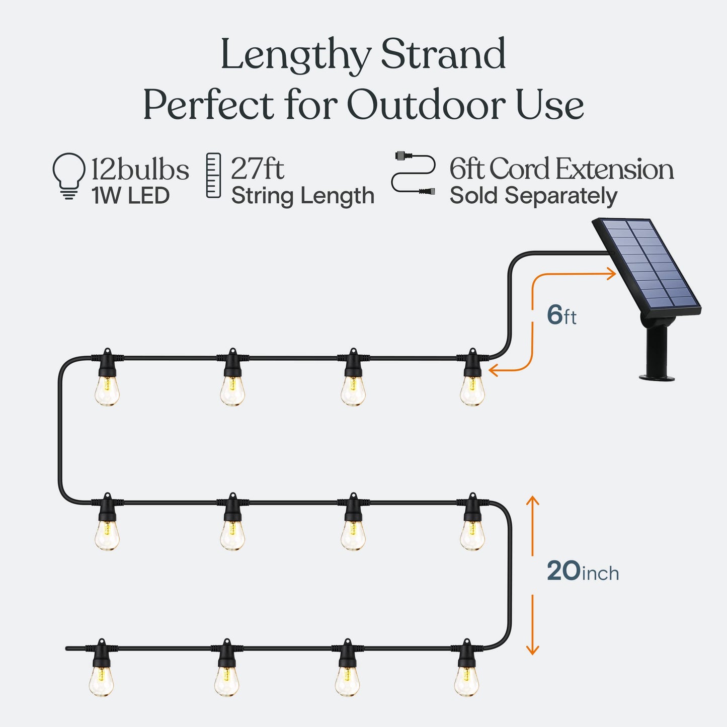 Brightech Ambience Pro Solar Powered Outdoor String Lights -27 ft Commercial Grade Waterproof Edison Patio Lights, Shatterproof LED String Lights for Outside, Porch - 12 Bulbs, 1W Soft White
