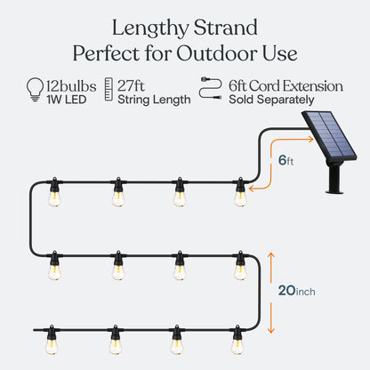 Brightech Ambience Pro Solar Powered Outdoor String Lights -27 ft Commercial Grade Waterproof Edison Patio Lights, Shatterproof LED String Lights for Outside, Porch - 12 Bulbs, 1W Soft White