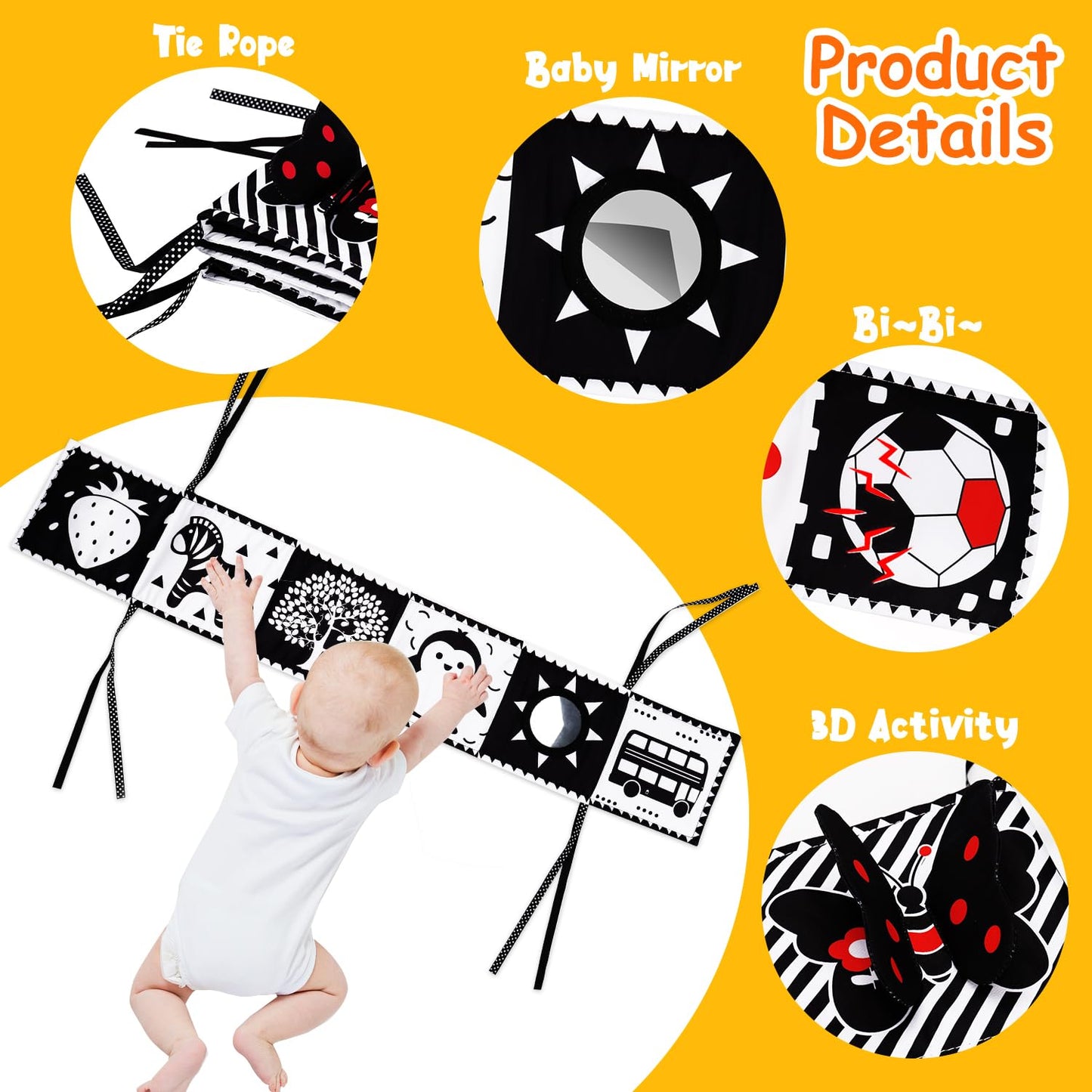4 PCS Black and White High Contrast Baby Toys 0-3-6 Months Newborn Essential Montessori Toy for Babies Crinkle Sensory Book Brain Development Tummy Time Mirror Infant Carseat Rattle Easter Shower Gift