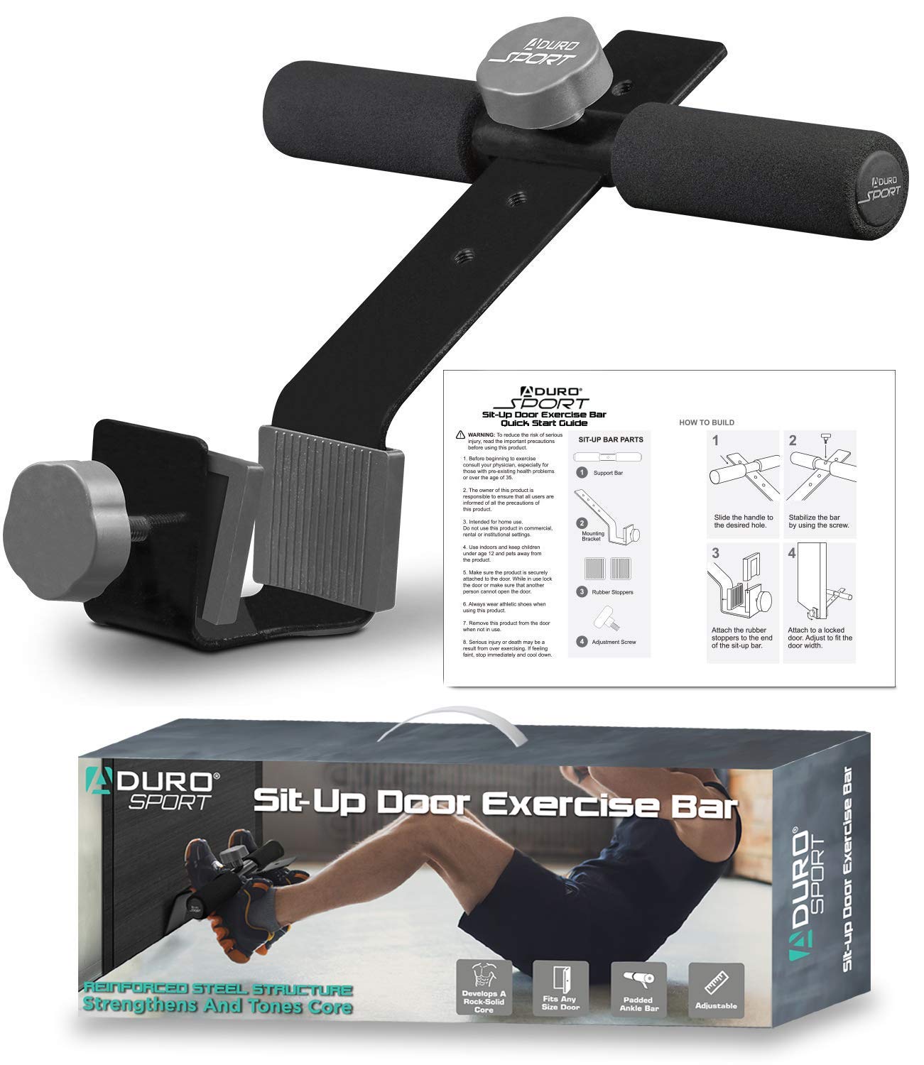 Aduro Sport Doorway Sit-Up Exercise Bar, Adjustable Reinforced Steel with Padded Ankle Bar, Perfect for Home Work or Travel - Fits Any Door