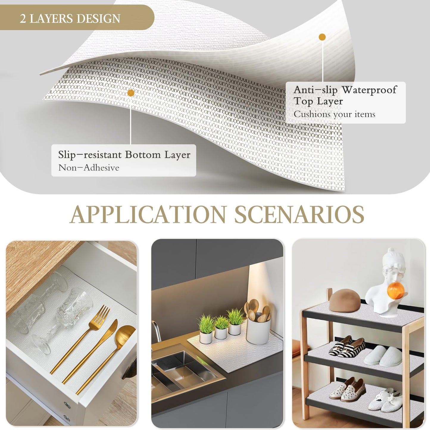 Beautysaid Shelf and Drawer Liner for Kitchen Cabinet, Non Adhesive Non Slip Shelf Paper Waterproof Washable Thickened for Dresser Pantry Shelve Bathroom Protector Liner(White,12 in x 10 FT)