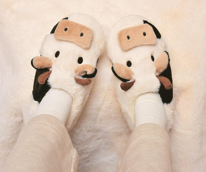 Boonble Fuzzy Cow Slippers for Women Men Adults, Fluffy Plush and Cozy House Shoes for Indoor Outdoor Bedroom, Warm Furry Cotton Slipper Open Heel for Winter Spring Fall 5.5-6.5