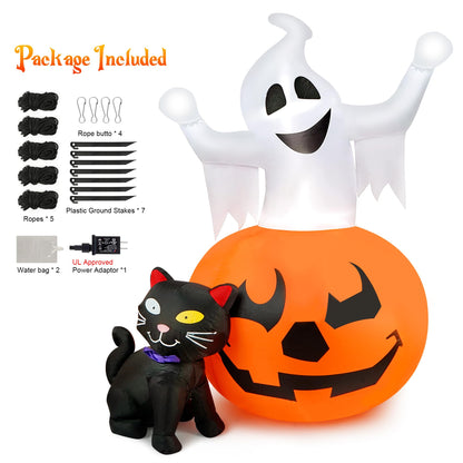 5 FT Halloween Inflatables Outdoor Spooky Pumpkin and Witch' s Black Cat Combo Inflatable Decor, Halloween Blow Up Yard Decorations Clearance with Build-in LED Lights, Halloween Outdoor Decorations