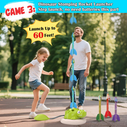 Indoor Outdoor Games for Kids, 3 in 1 Musical Jump, Ring Toss Game & Stomping Rocket Launcher for Kids, Dinosaur Sports & Outside Play Activities Toys with Remote Control for Toddlers 3-5 4-8