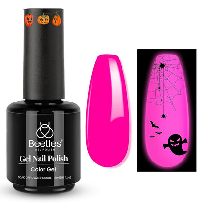 Beetles Hot Pink Gel Nail Polish - Luminous Pink Gel Polish 15ml Glow in the Dark Pink Halloween Soak Off Uv LED Nail Lamp Nail Art Manicure Salon DIY Home for Women Girls