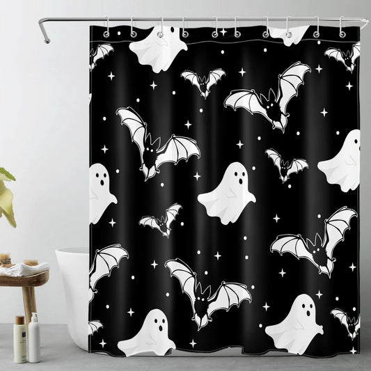 HVEST Halloween Ghost Shower Curtain with Hooks,Spooky White Ghost Bat Stars on Black Shower Curtain for Bathroom Decor Black and White Gothic Shower Curtain Set Halloween Decorations,72L x 60W inches