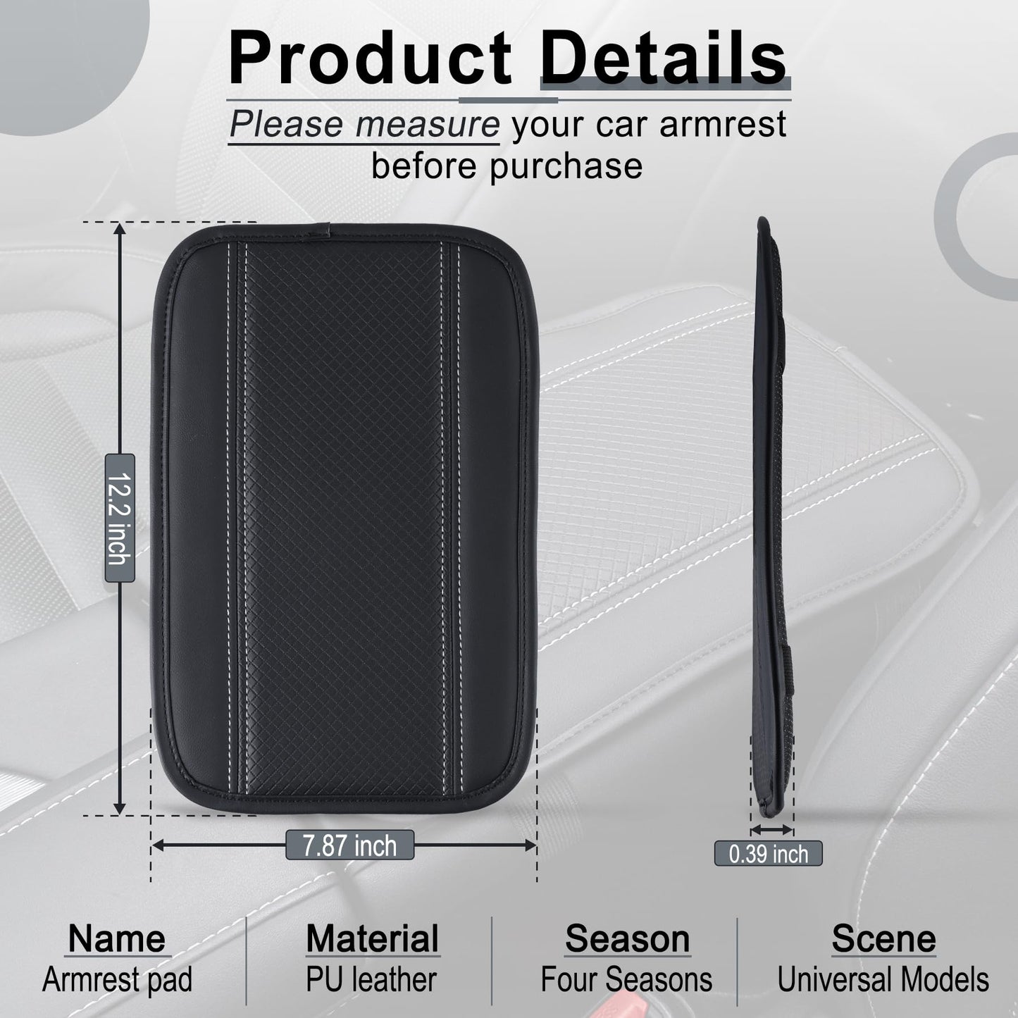 Amiss Car Center Console Pad, Universal Waterproof Car Armrest Seat Box Cover, PU Leather Auto Armrest Cover Protector，Vehicle Interior Accessories fits SUV/Truck/Car (Black-Silvery)