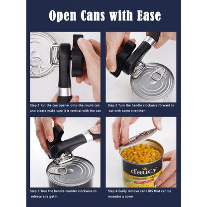 Can Opener Smooth Edge Manual, Can Opener Handheld, No Sharp Edges, Easy Turn Knob & Comfortable Non-slip Handle, Safe Side Cut Can Opener for Seniors