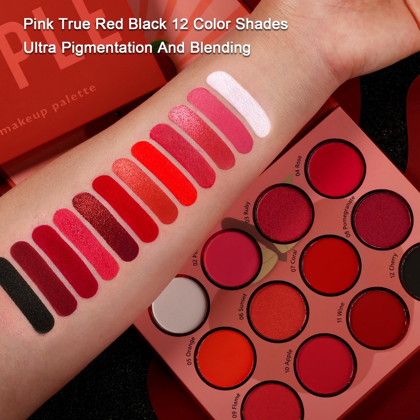 Afflano Red Eyeshadow Palette Makeup, Ultra Pigmented and Blending Bright Dark Hot True Red Black Eye Shade 12 Color, Cruelty Free Velvet Matte Shimmer Warm Fall Sunset Pink Goth red Eye Shadow Pallet