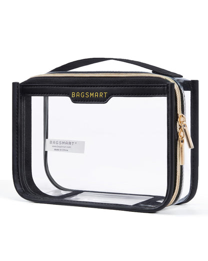 BAGSMART TSA Approved Toiletry Bag, Clear Travel Toiletry Bag, Makeup Cosmetic Pouch Bag for Women Quart Size Compliant Bag Organizer for Travel Essentials (Black Pack of 1,)