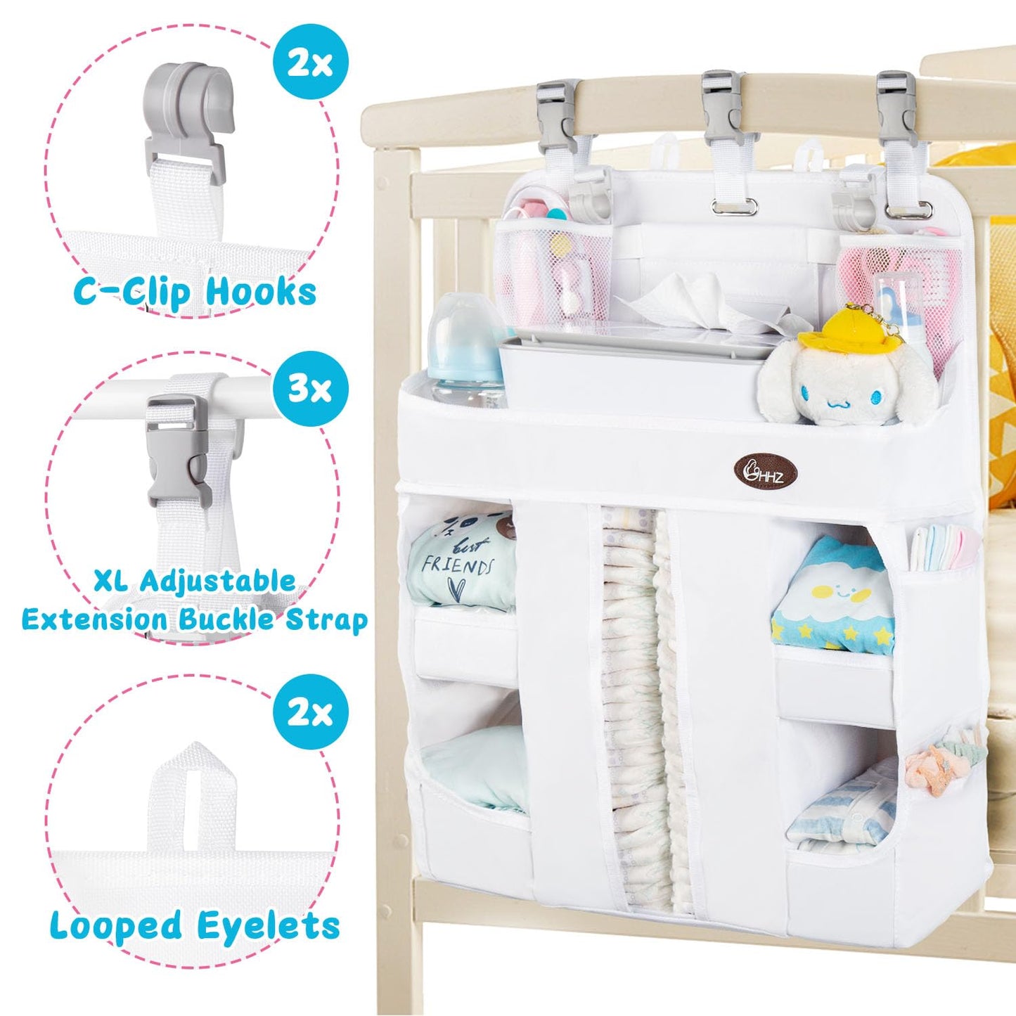 HHZ XL Hanging Diaper Caddy Organizer –Sturdy and Durable Baby Organizer – Diaper Stacker for Changing Table, Crib, Playard or Wall & Nursery Organization （White）