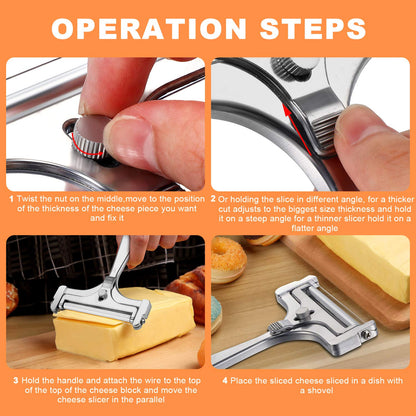Boao 2 Pack Adjustable Wire Cheese Slicer Stainless Steel Thickness Slicer Cutter Replacement Kitchen Cooking Tool for Soft, Semi-hard, Hard Cheeses(Silver)