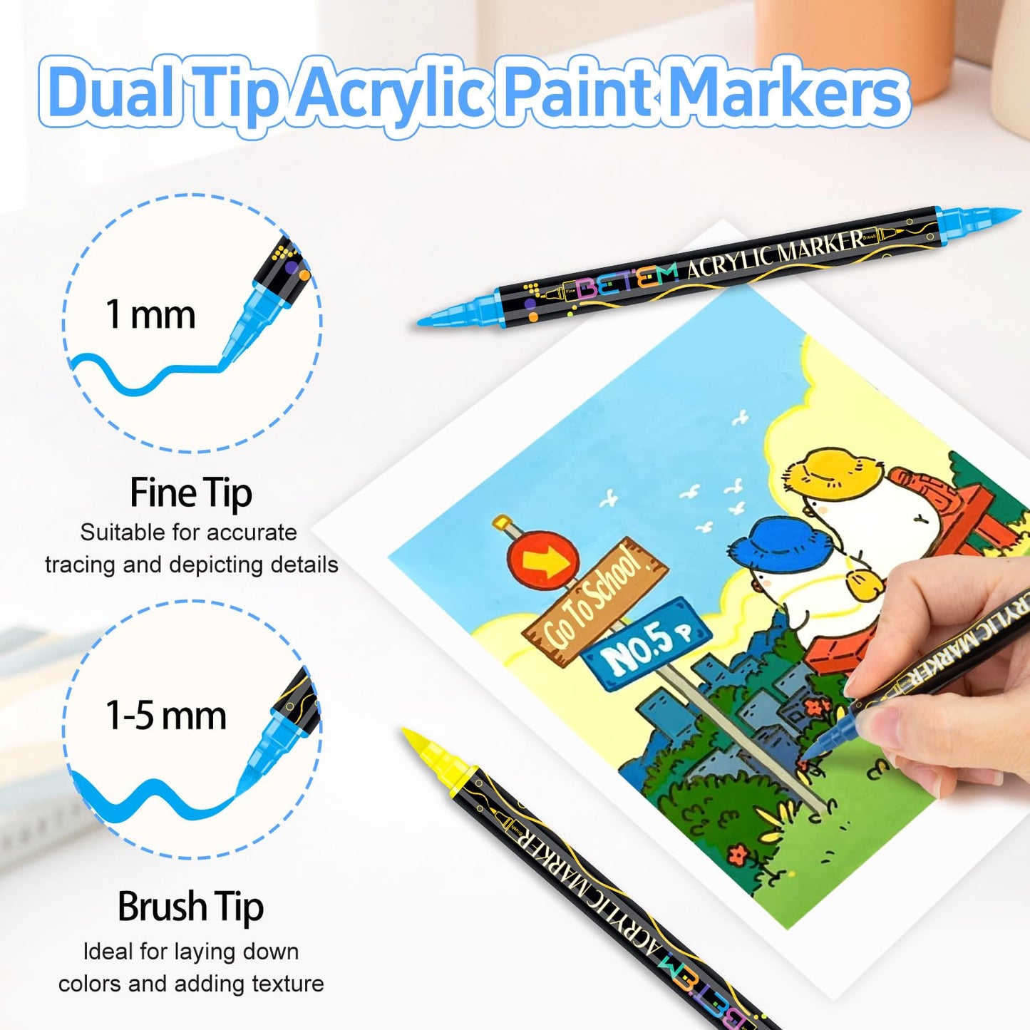 Betem Acrylic Paint Markers, Dual Tip 24 Colors Acrylic Paint Pens with Brush Tip and Fine Point, Art Supplies for Rock, Wood, Canvas, Stone, Glass, Ceramic, Rock Painting DIY Crafts Making Drawing