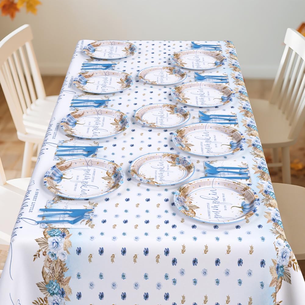 AIBIIN 194Pcs Fall Pumpkin Baby Shower Decorations for Boys, Boho Floral Pampas Grass Little Pumpkin Party Supplies Disposable Tableware Set Plates Napkins Banners Plastic Tablecloth for Baby Shower