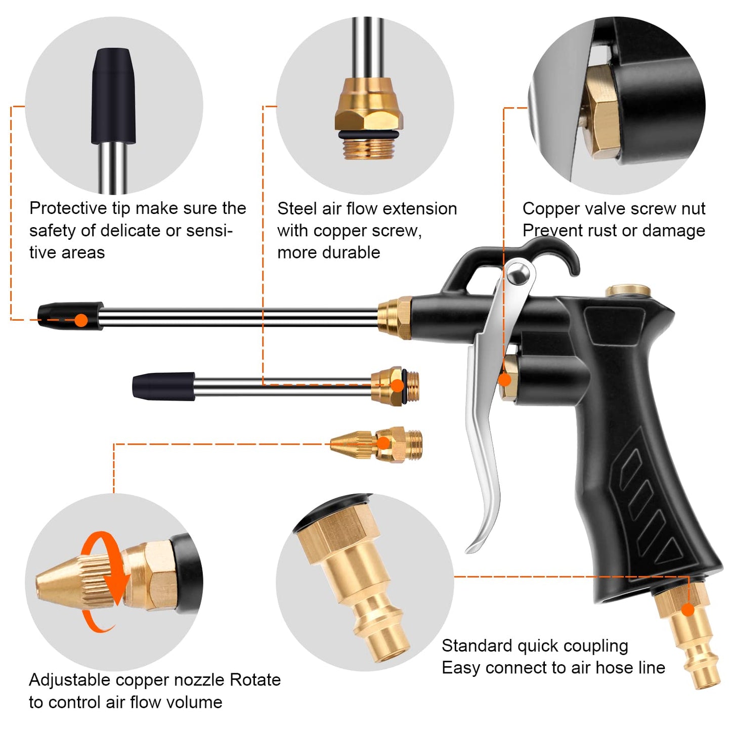 Brass Industrial Air Blower with Adjustable Nozzle, Universal Blow Hose & Steel Extensions - Air Compressor Dusting Tool