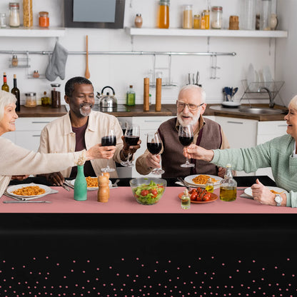 24Pack Disposable Plastic Tablecloth and Satin Table Runner Black and Rose Gold Dot Tablecloth Rose Gold Satin Table Runner for Wedding Birthday Baby Shower Anniversary Christmas New Year Party Supply