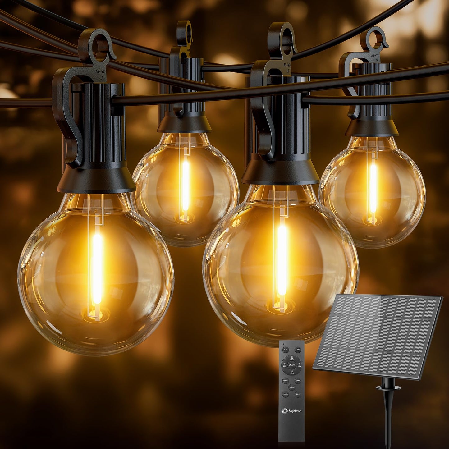 Brightown 108FT Solar String Lights Outdoor with Remote and 52 LED Shatterproof Bulbs, Dimmable & Timable, 3 Light Modes, Solar Patio String Lights Outdoor for Cafe, Garden, Deck, Outside Wedding