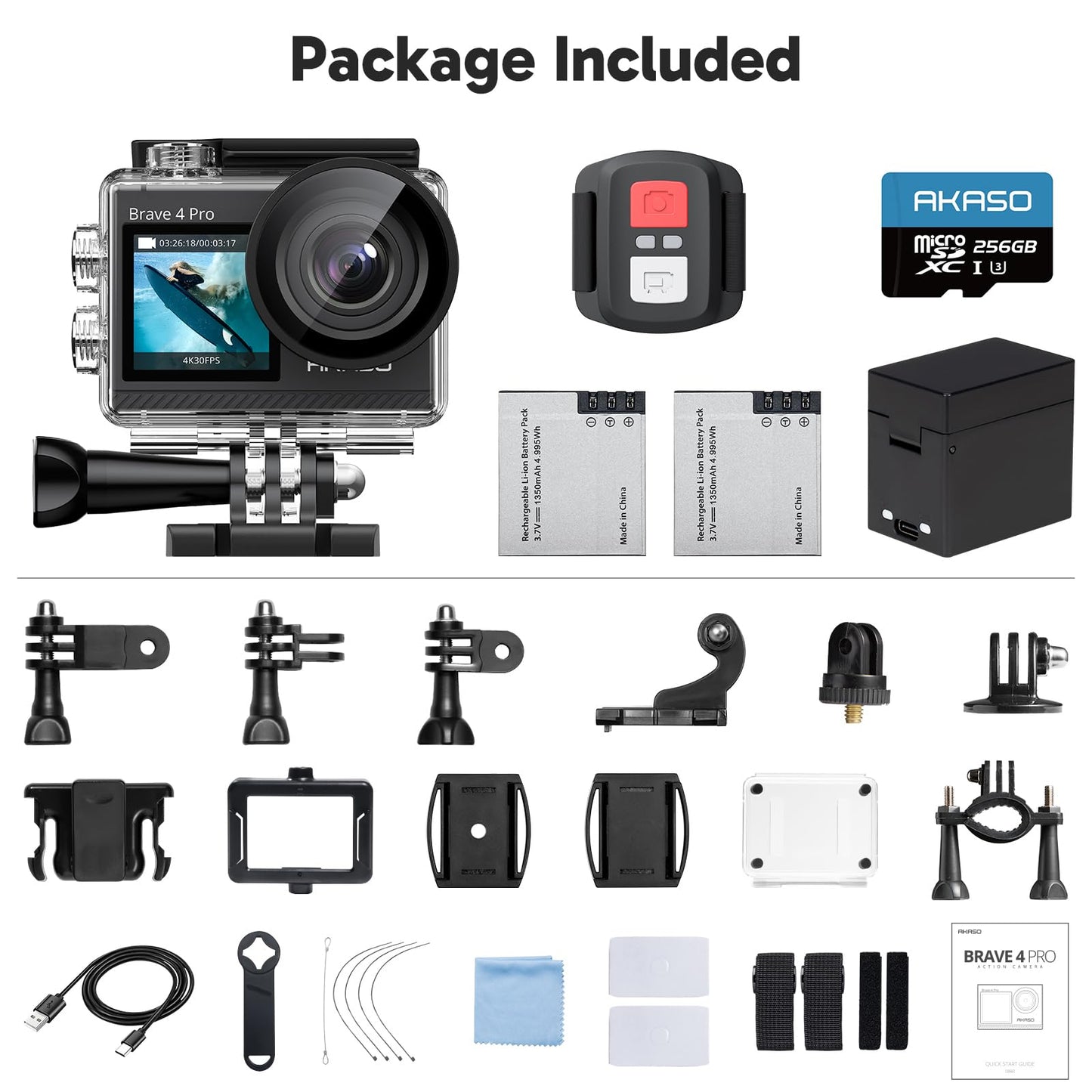AKASO Brave 4 Pro 4K30 Action Camera with 256GB MicroSD U3 Card 131FT Underwater Waterproof Camera EIS Touch Screen Remote Control with 2x1350mAh Batteries and Helmet Accessories Kit Bundle