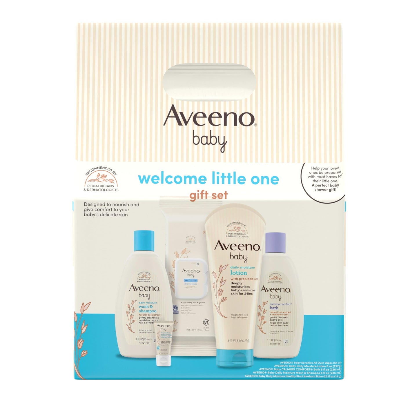 Aveeno Baby Welcome Little One Gift Set, Baby Skincare Set with Nourishing Baby Body Wash & Shampoo, Calming Bath Wash, All Over Baby Wipes, Daily Moisturizing Lotion, & Baby Balm, 5 Items
