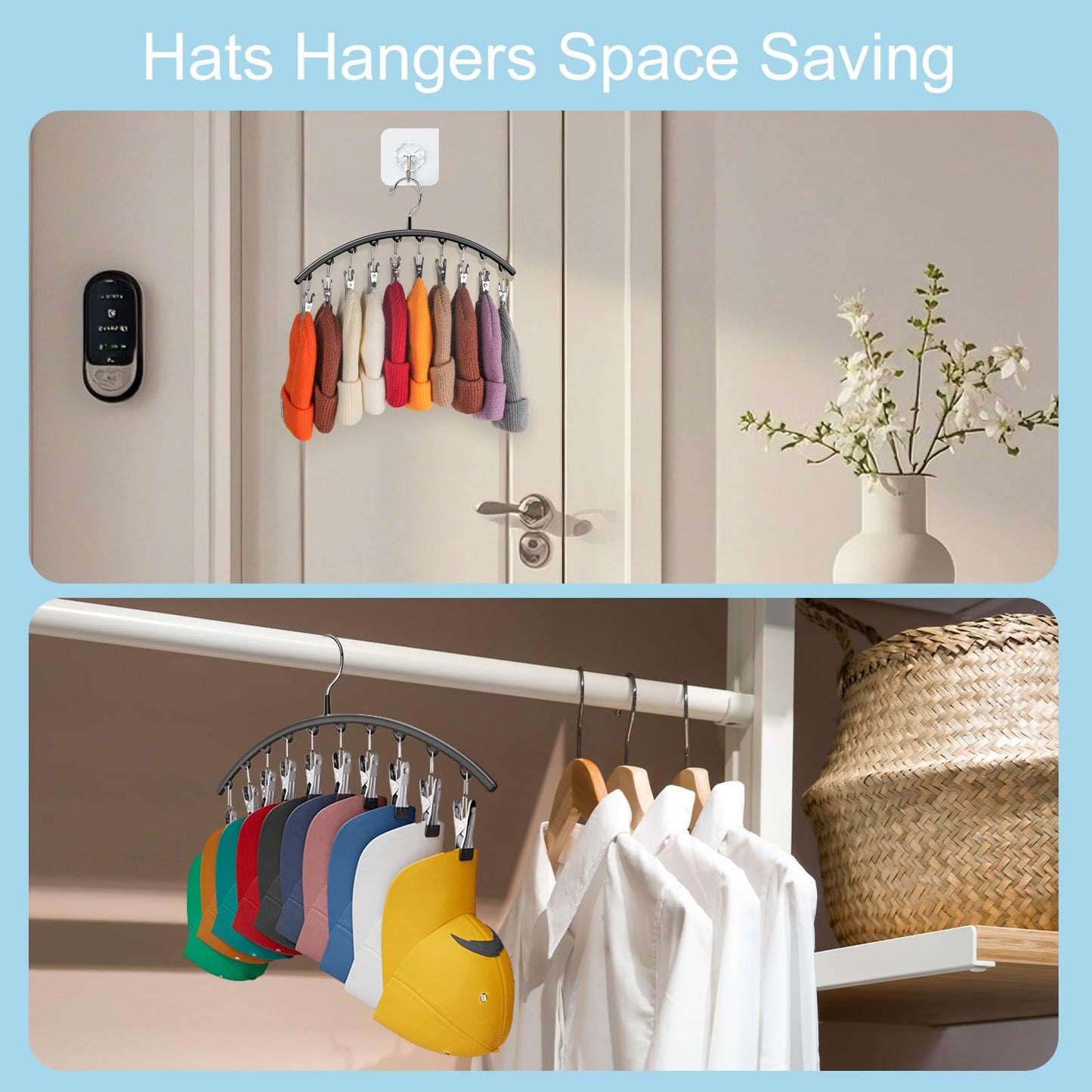 Hat Hangers for Closet, Metal 2 Pack Hat Organizer Holder for Hanger Closet Display, Hat Racks for Baseball Caps w/10 Clips, Hat Holder for Ball Caps & Accessories, for Men Women, Black