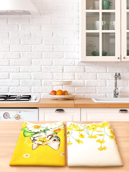 Bencailor 4 Pcs Cat Kitchen Towels Yellow Floral Cute Kitty Hand Dish Towels Fast Drying Kitty Decorative Tea Dishcloth Housewarming Gift for Cat Lovers Cooking Kitchen Bathroom Decor