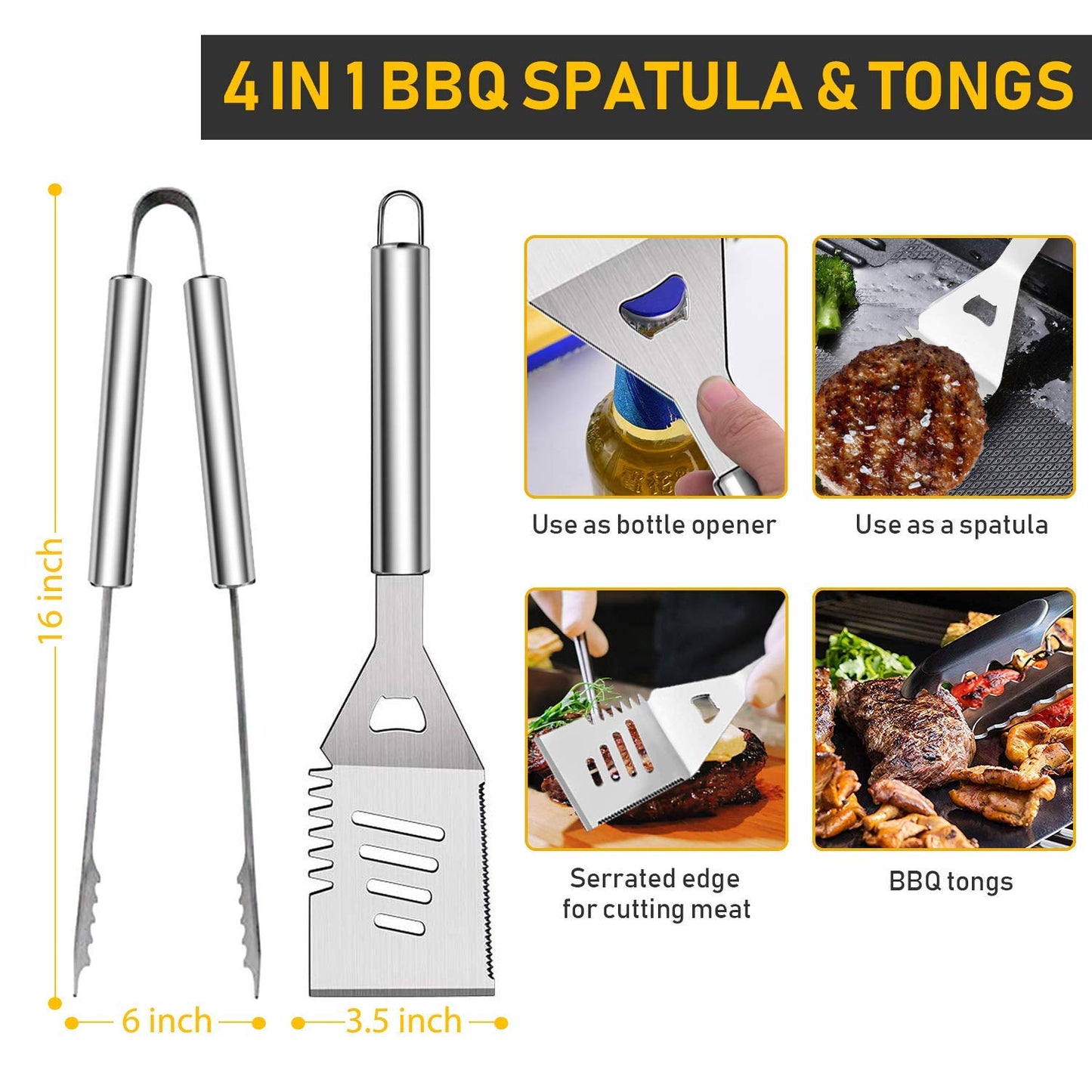 34Pcs Grill Accessories Grilling Gifts for Men, 16 Inches Heavy Duty BBQ Accessories, Stainless Steel BBQ Tools with Thermometer, Grill Mats for Backyard, BBQ Set for Men Women