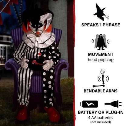 Haunted Hill Farm Hartley The Sitting Scare Clown by Tekky, Motion-Activated Talking Jump-Scare Halloween Animatronic for Halloween Party Prank Decoration, Plug-in or Battery Operated Halloween Props