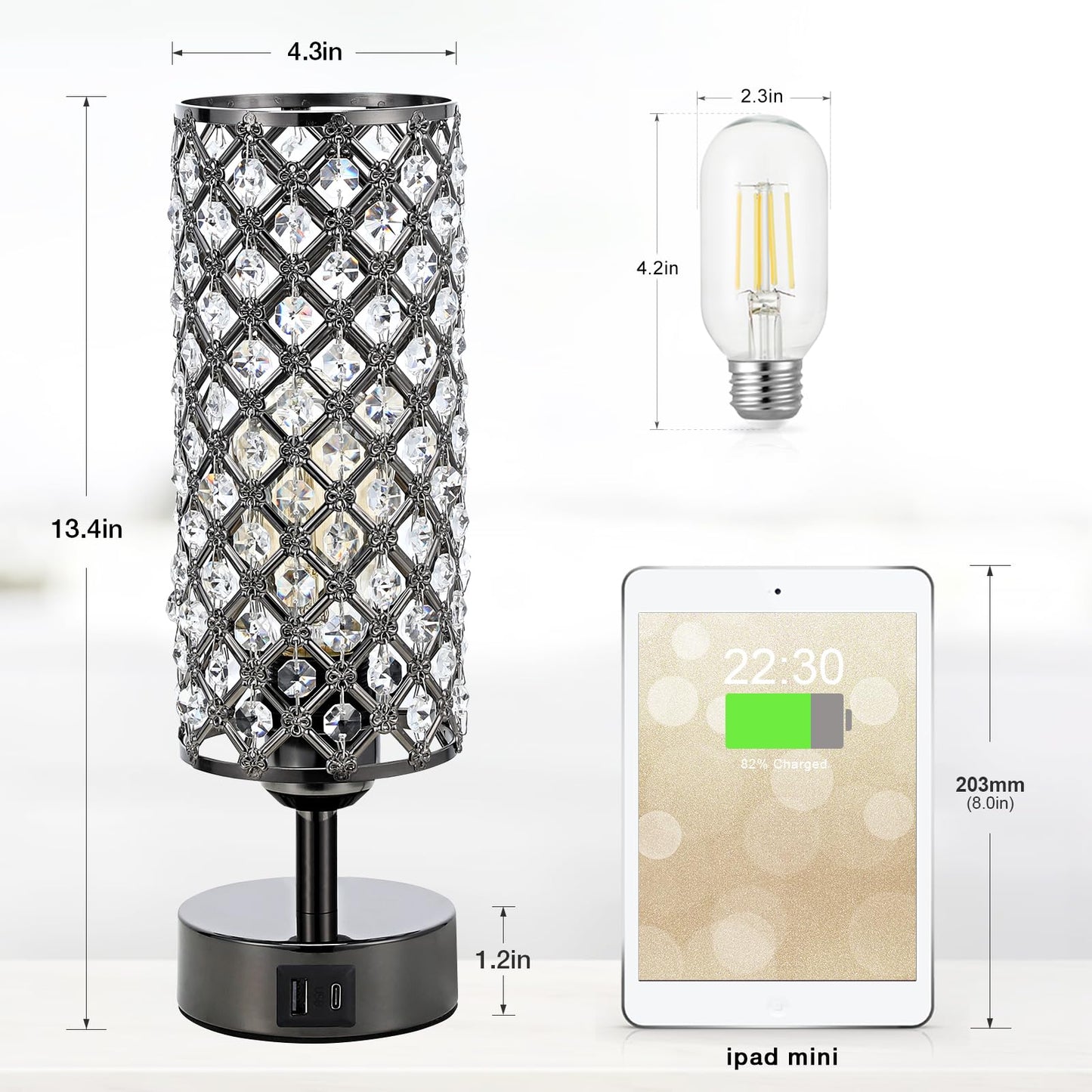 Hong-in Crystal Table Lamp,Black Lamp with USB C+A Ports, 3 Way Dimmable Light with Crystal Lampshade, Bedside Lamp Small Touch Light for Living Room Bedroom, Charge Phone (Bulb Included)