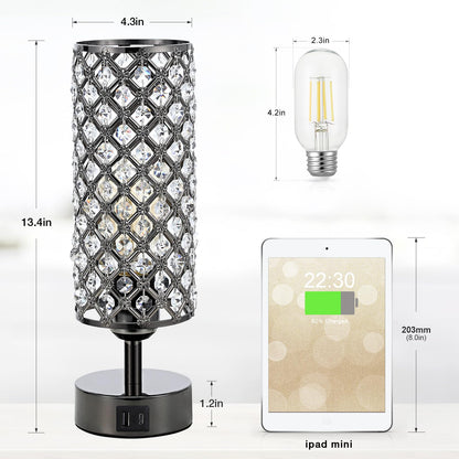 Hong-in Crystal Table Lamp,Black Lamp with USB C+A Ports, 3 Way Dimmable Light with Crystal Lampshade, Bedside Lamp Small Touch Light for Living Room Bedroom, Charge Phone (Bulb Included)