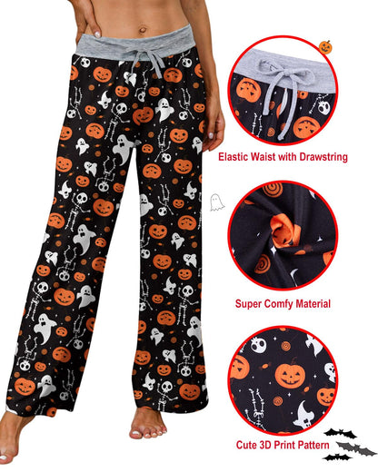 ALISISTER Halloween Pajama Pants for Women Wide Leg Pumpkin Print Comfy Sleepwear Skull Ghost Lounge Drawstring Sleep Bottoms Size S Orange