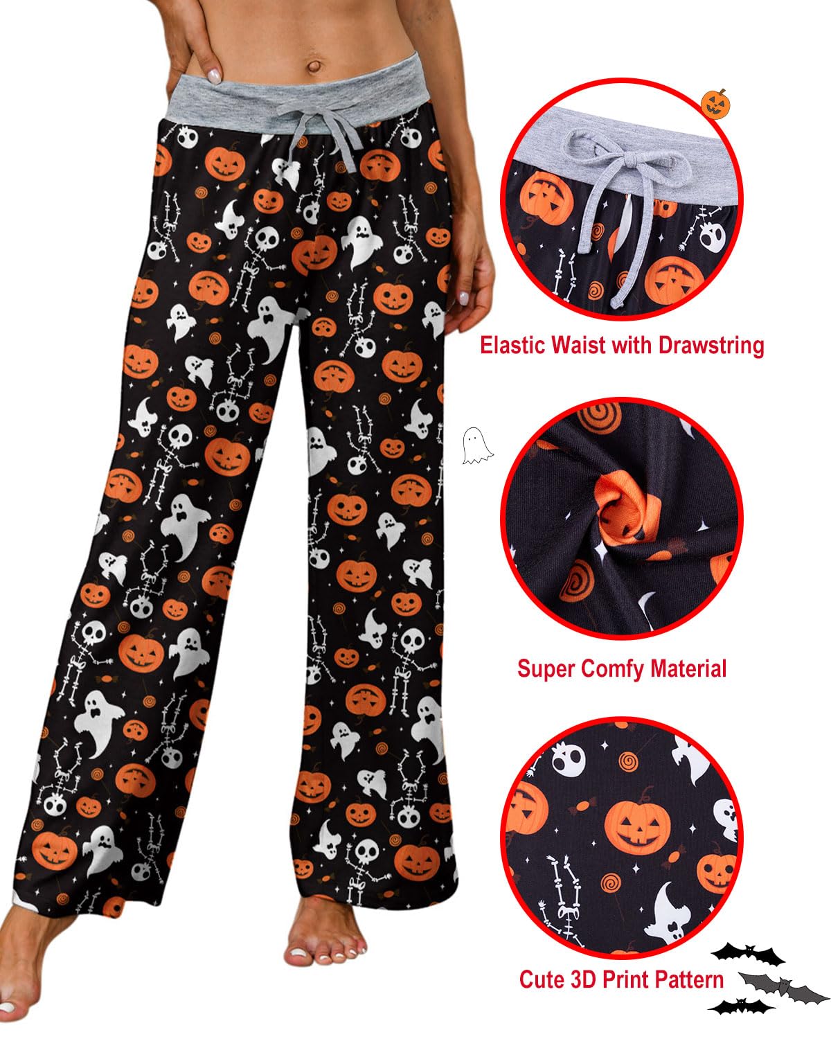 ALISISTER Halloween Pj Pants for Women Skeleton Skull Wide Leg Pajama Pants Pumpkin Casual Comfy Drawstring Sleep Bottoms Sleepwear Pyjamas Size L Orange