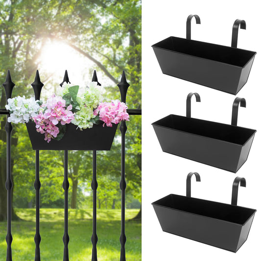 Holensun Railing Planters Outdoor Balcony 16 Inch Deck Over The Railing Planter Boxes Hanging Planters for Fence Flower 3 Pcs (Black)