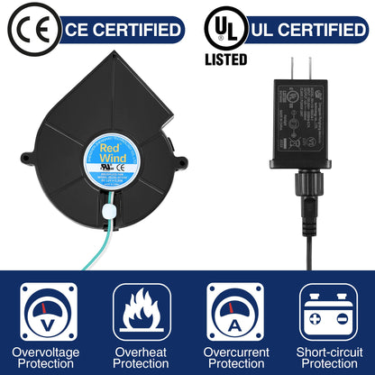 Hiboom 2 Pack Replacement Fan Blower, 12V 1.2A Mini Air Blower with 3 LED Light String for Inflatables Indoor Outdoor, 12V 1.5A Adapter for Halloween Christmas Holiday Inflatables Fan Blow up Motor