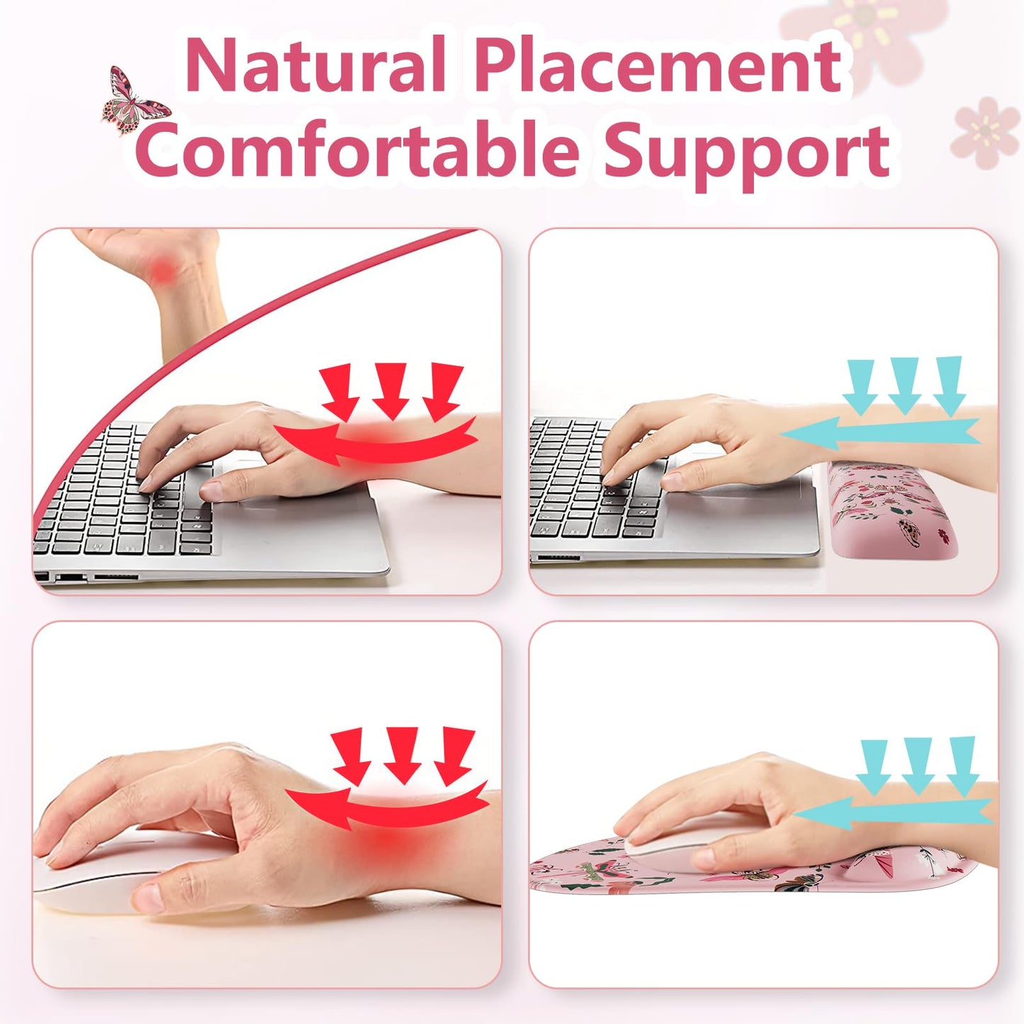 HAOCOO Gel Mouse Pad with Wrist Rest, Ergonomic Keyboard Wrist Rest Memory Foam for Computer Keyboard, 3 in 1 Mouse pad Set with Non-Slip PU Base, Easy Typing & Pain Relief (Pink)
